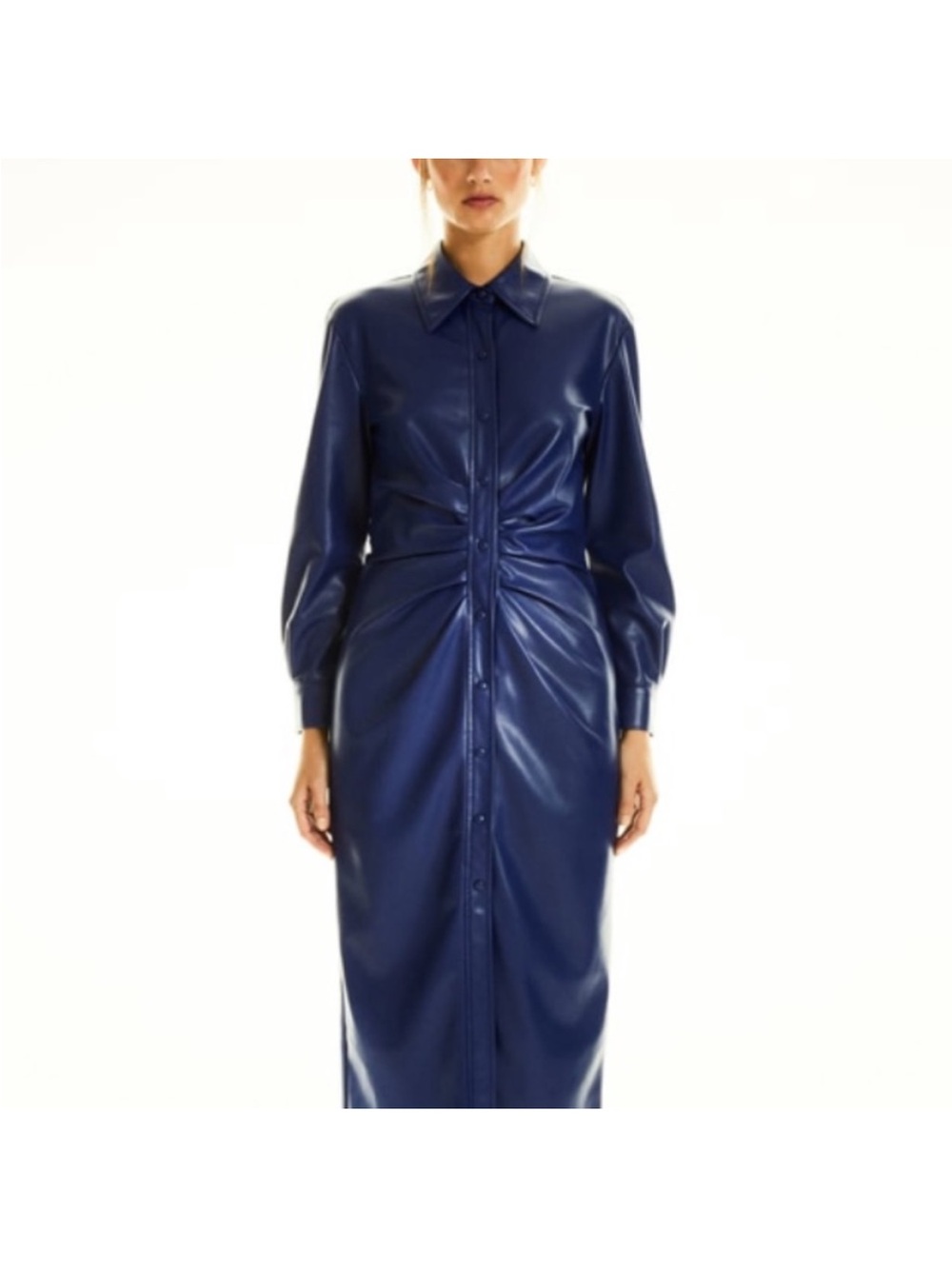 Blue Faux-Leather Button-Front Shirt Dress